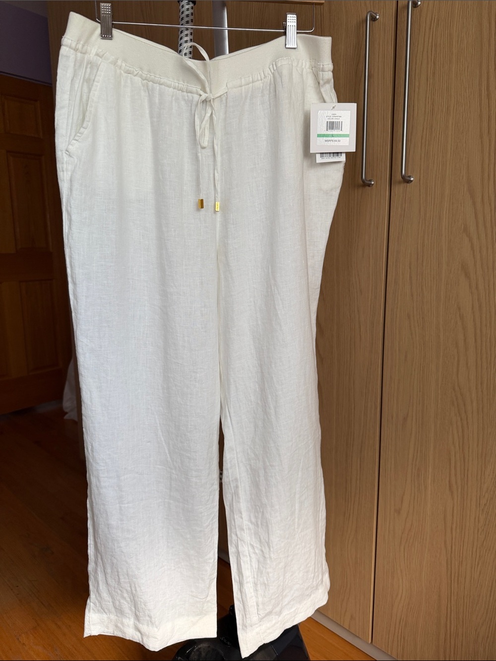Ellen Tracy 100% Linen Cream Linen-Blend Wide Leg Drawstring Pants